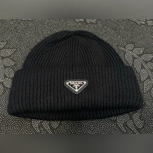 Prada Black Ribbed Knit Beanie